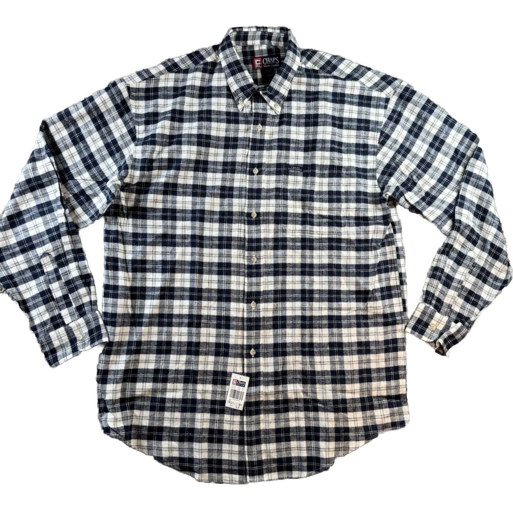 CHAPS Ralph Lauren men's NWT XL blue white plaid flannel shirt Vintage Deadstock